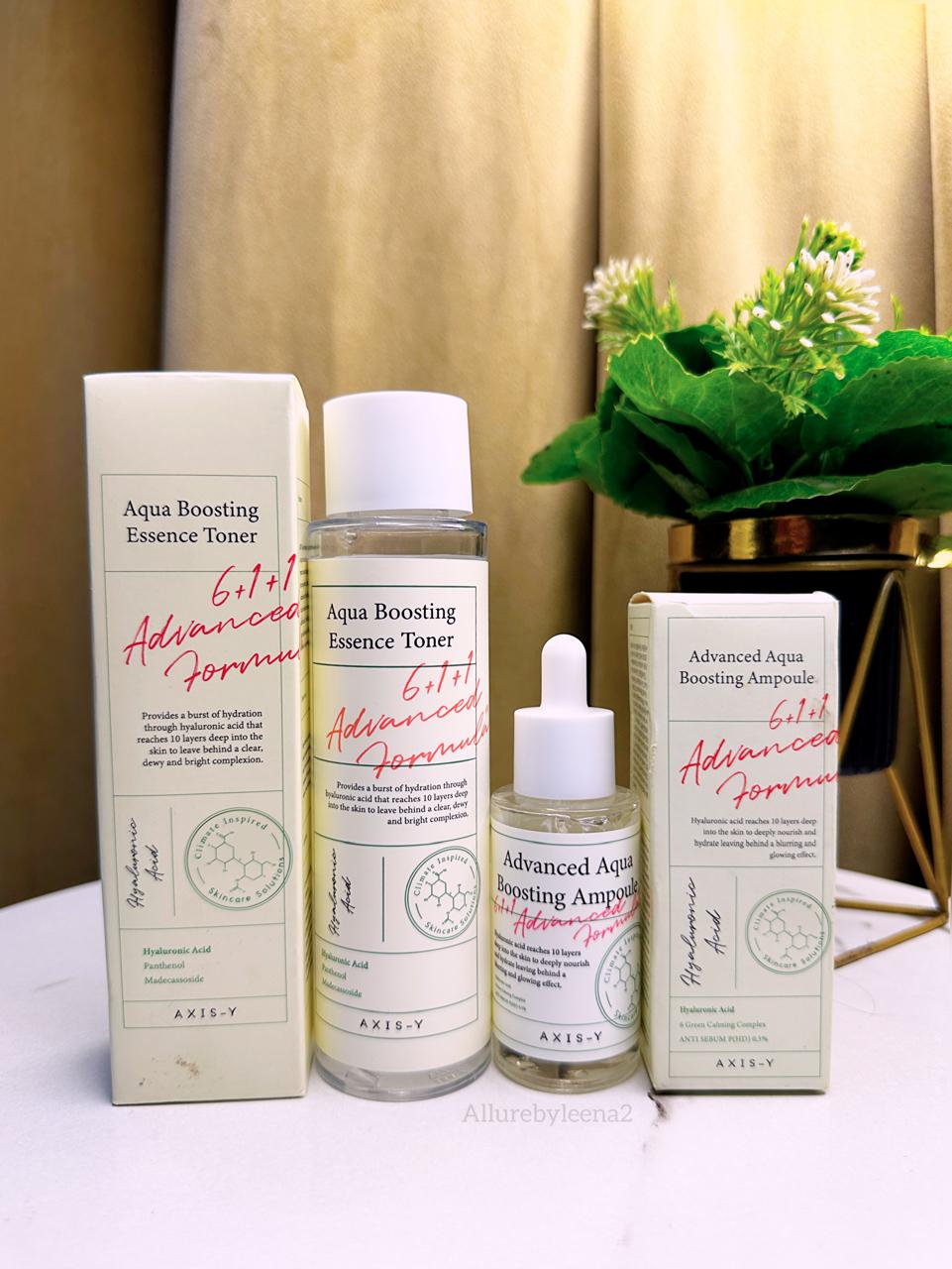 Axis-Y Aqua Boosting Essence Toner and Axis-Y Advanced Aqua Boosting Ampoule. 