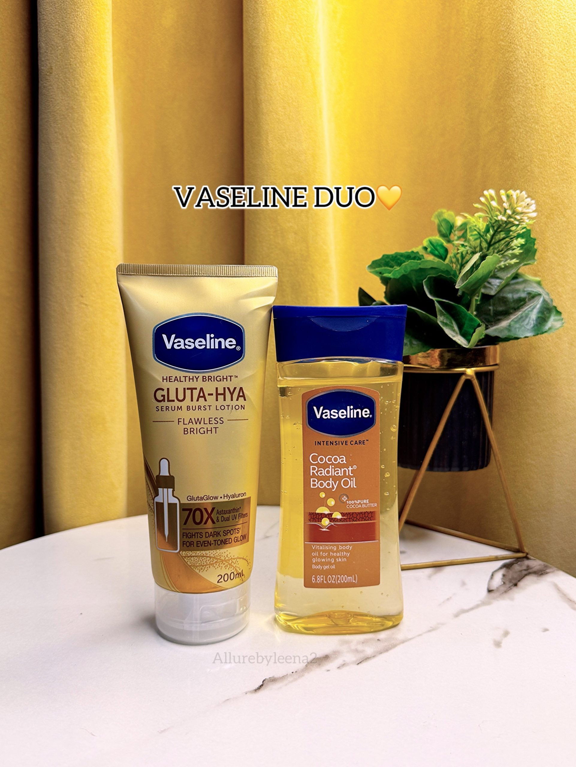 Vaseline Healthy Bright Gluta-Hya Serum Burst Lotion Flawless Bright  +Vaseline Intensive Care Cocoa Radiant Body Oil.